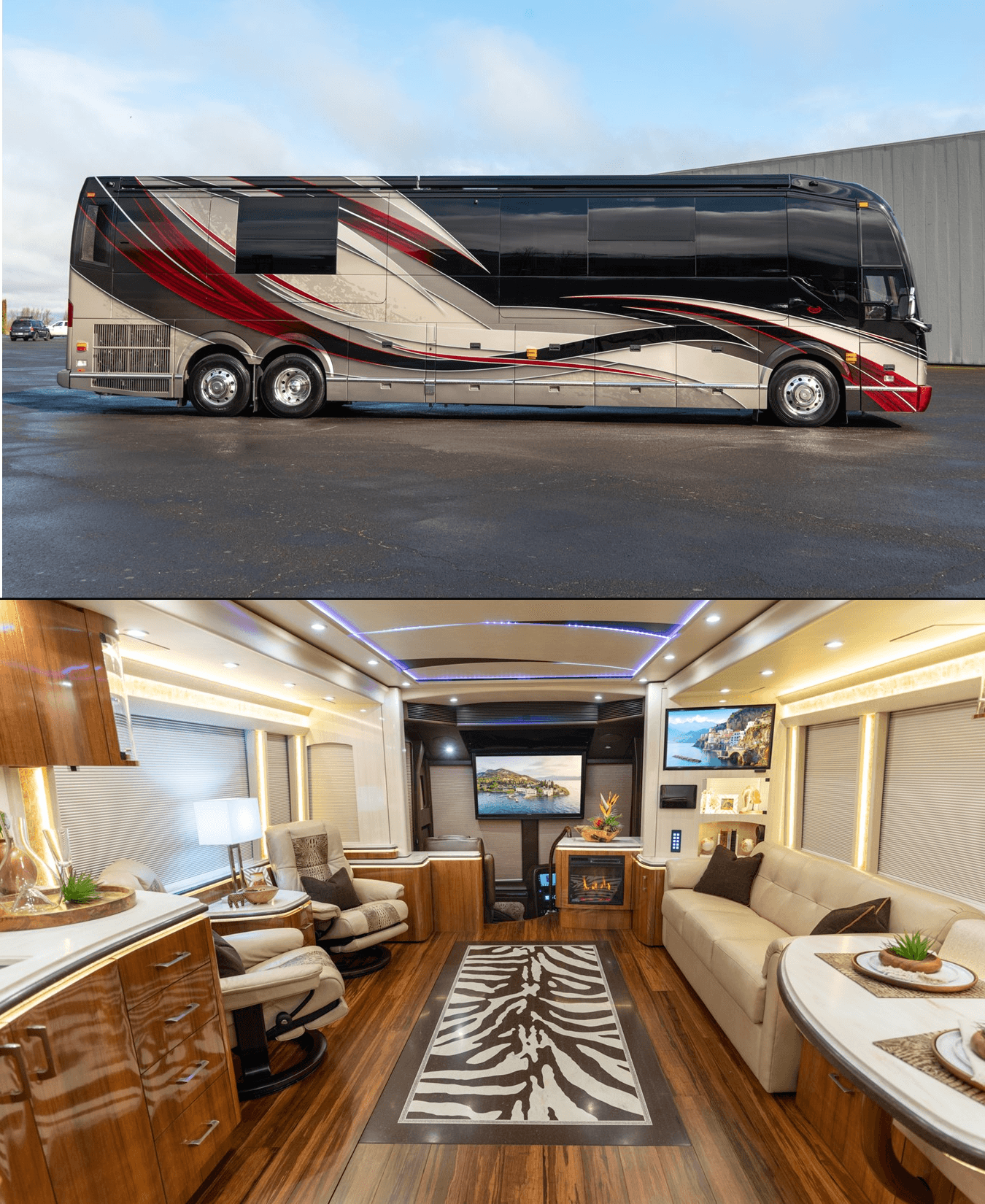 Exterior red luxury RV with interior shot featuring the driver and passenger seat.