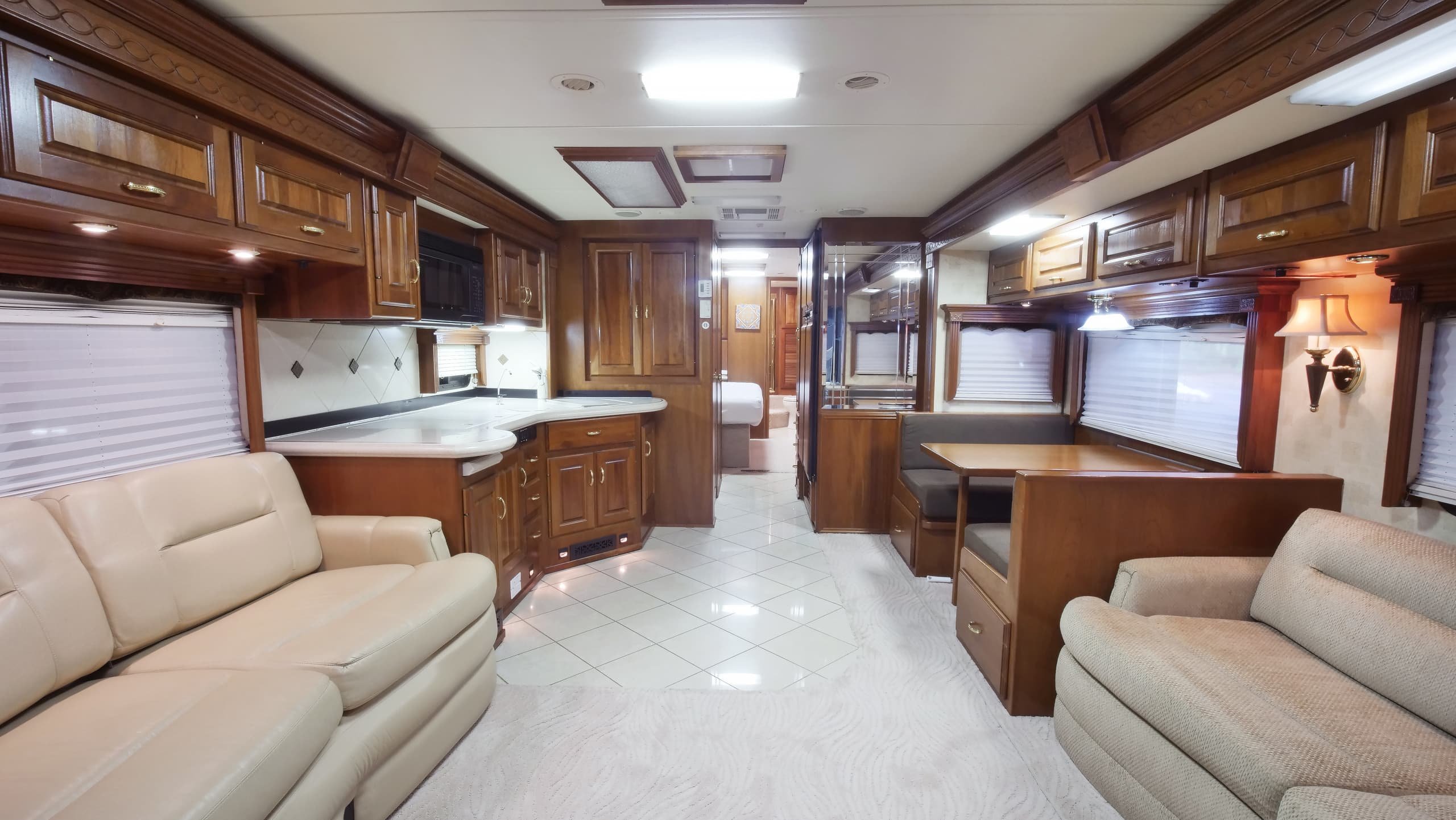 Interior of a luxury RV that is furnished and prepped for Bonnaroo.